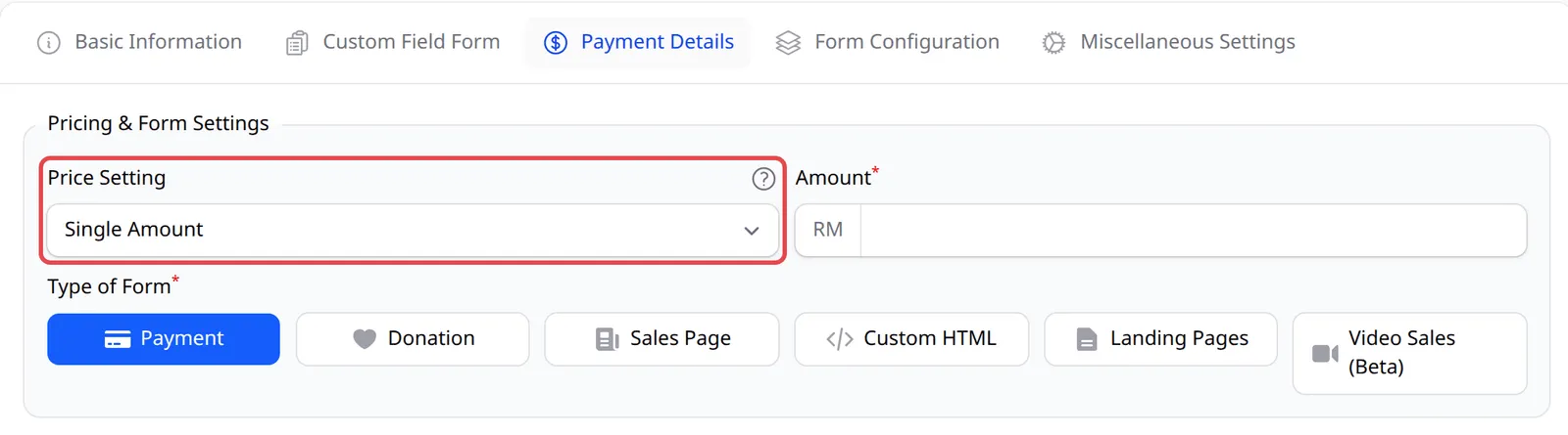 Tab Payment Details dengan ruangan Price Setting ditanda