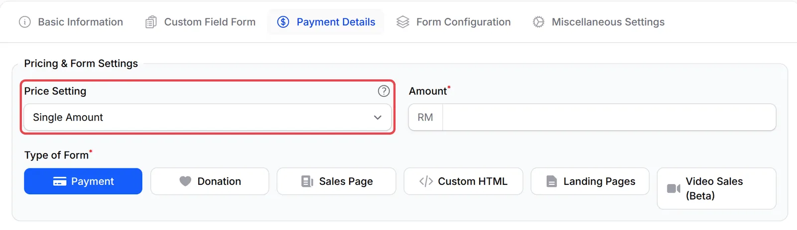 Payment Details标签页,已标示Price Setting栏