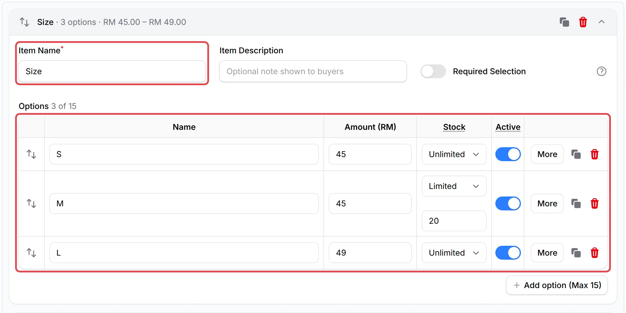 The Variation Items section with the Item Name field and the Options table (Name, Amount (RM) and Stock) highlighted