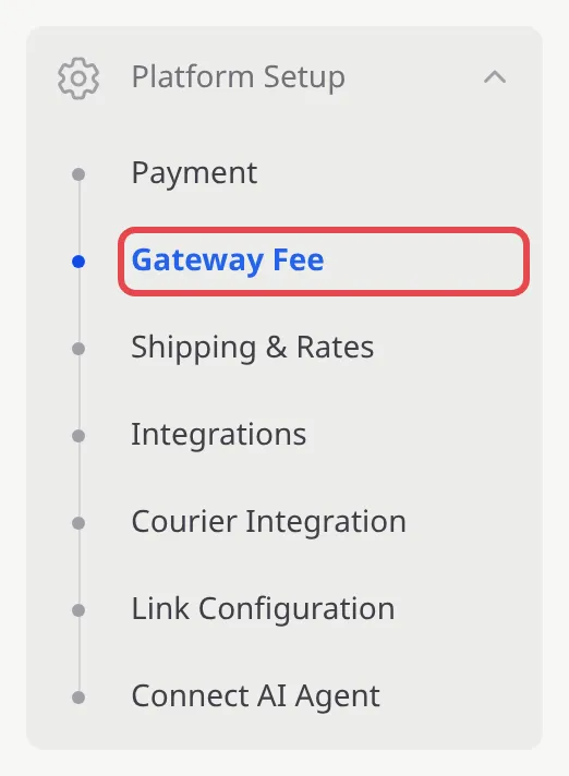 Menu Platform Setup di sidebar BCL, dengan Gateway Fee ditanda