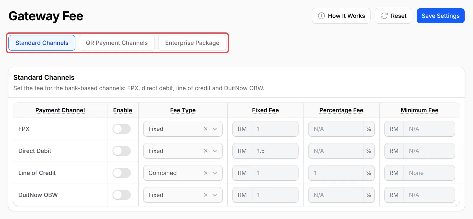 Gateway Fee页面，已标示Standard Channels、QR Payment Channels和Enterprise Package标签页