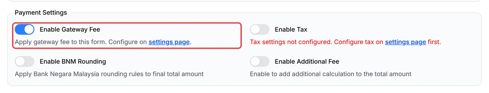 表单的Payment Settings部分，已标示Enable Gateway Fee开关