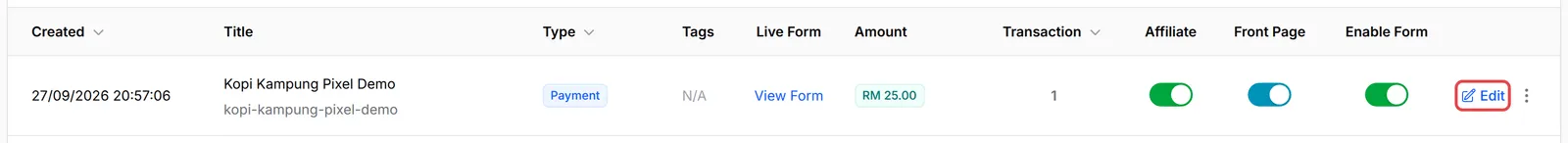 The Payment Forms list with the Edit button on a form highlighted