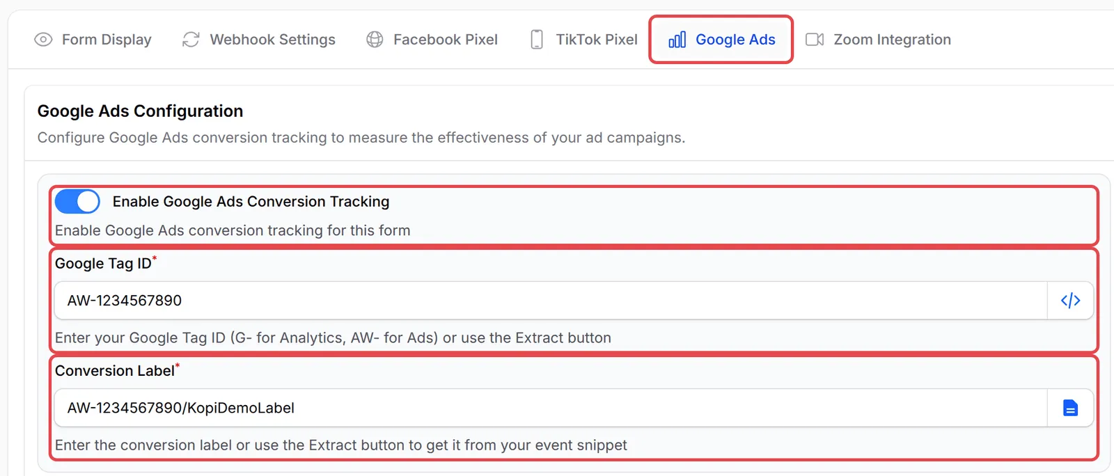 The Google Ads tab with the switch, Google Tag ID and Conversion Label highlighted