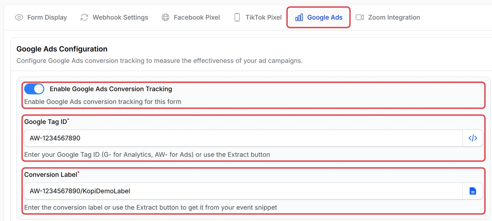 Google Ads标签页,开关、Google Tag ID和Conversion Label已标示