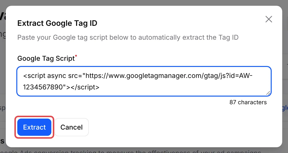 The Extract Google Tag ID window with a Google tag script pasted and the Extract button highlighted