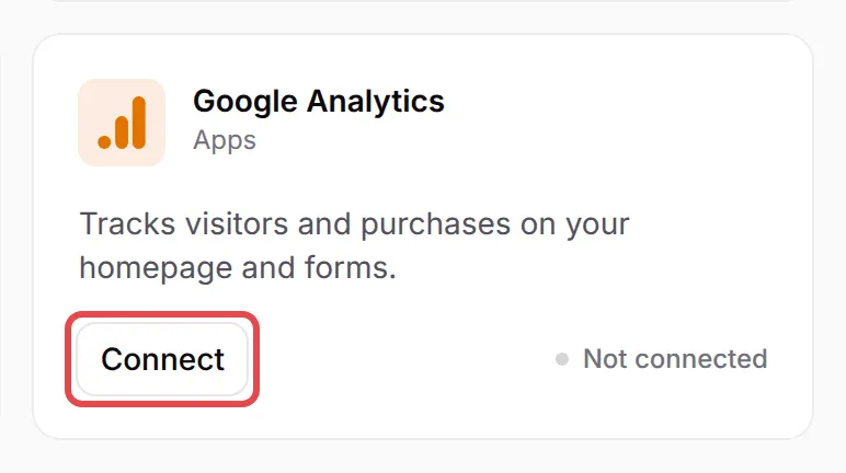 The Google Analytics card with the Connect button highlighted