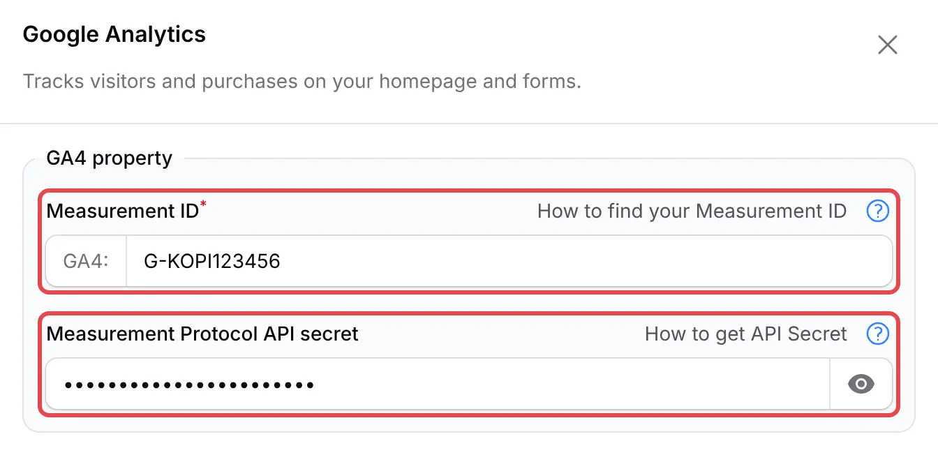 The Google Analytics panel with the Measurement ID and Measurement Protocol API secret fields highlighted
