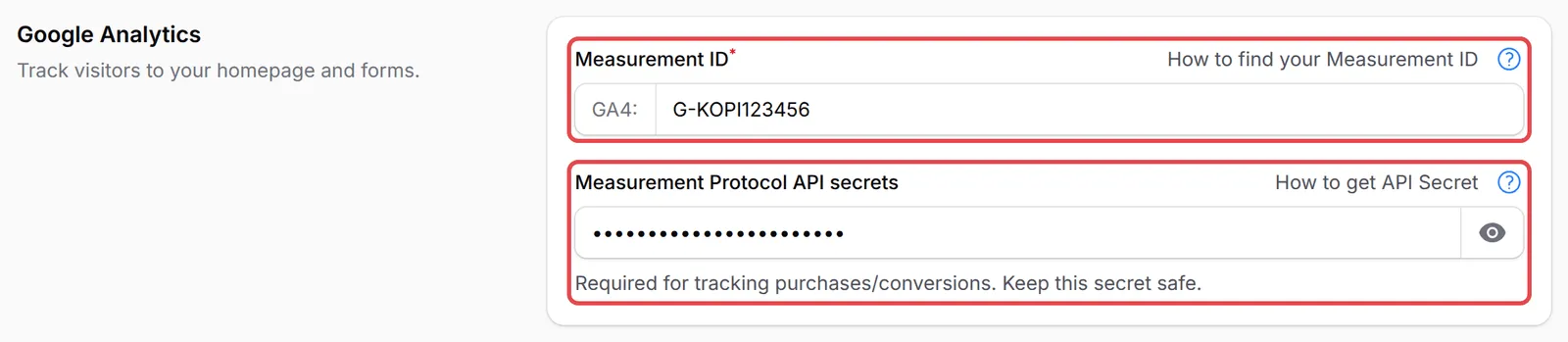 Google Analytics部分,Measurement ID和Measurement Protocol API secrets栏位已标示