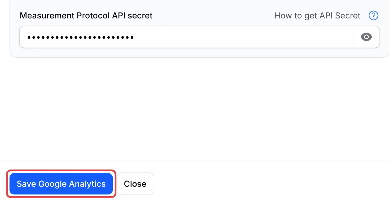 The Save Google Analytics button highlighted at the bottom of the panel