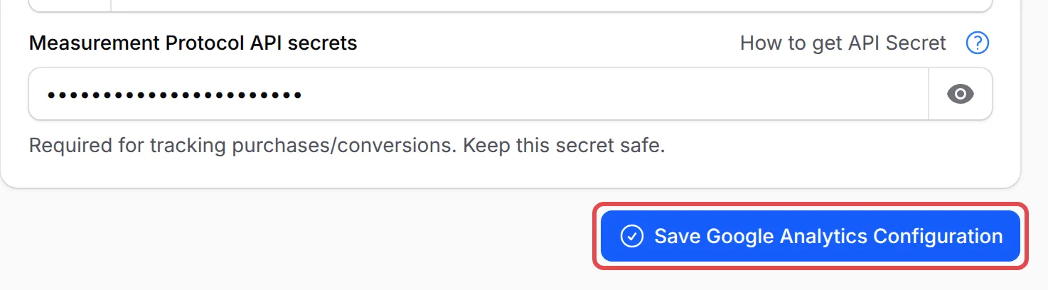 The Save Google Analytics Configuration button highlighted