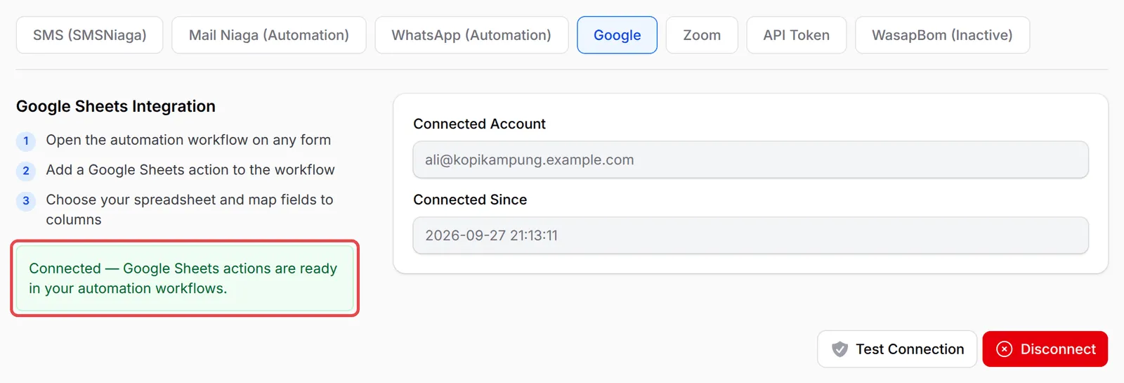 The Google tab showing the connected account