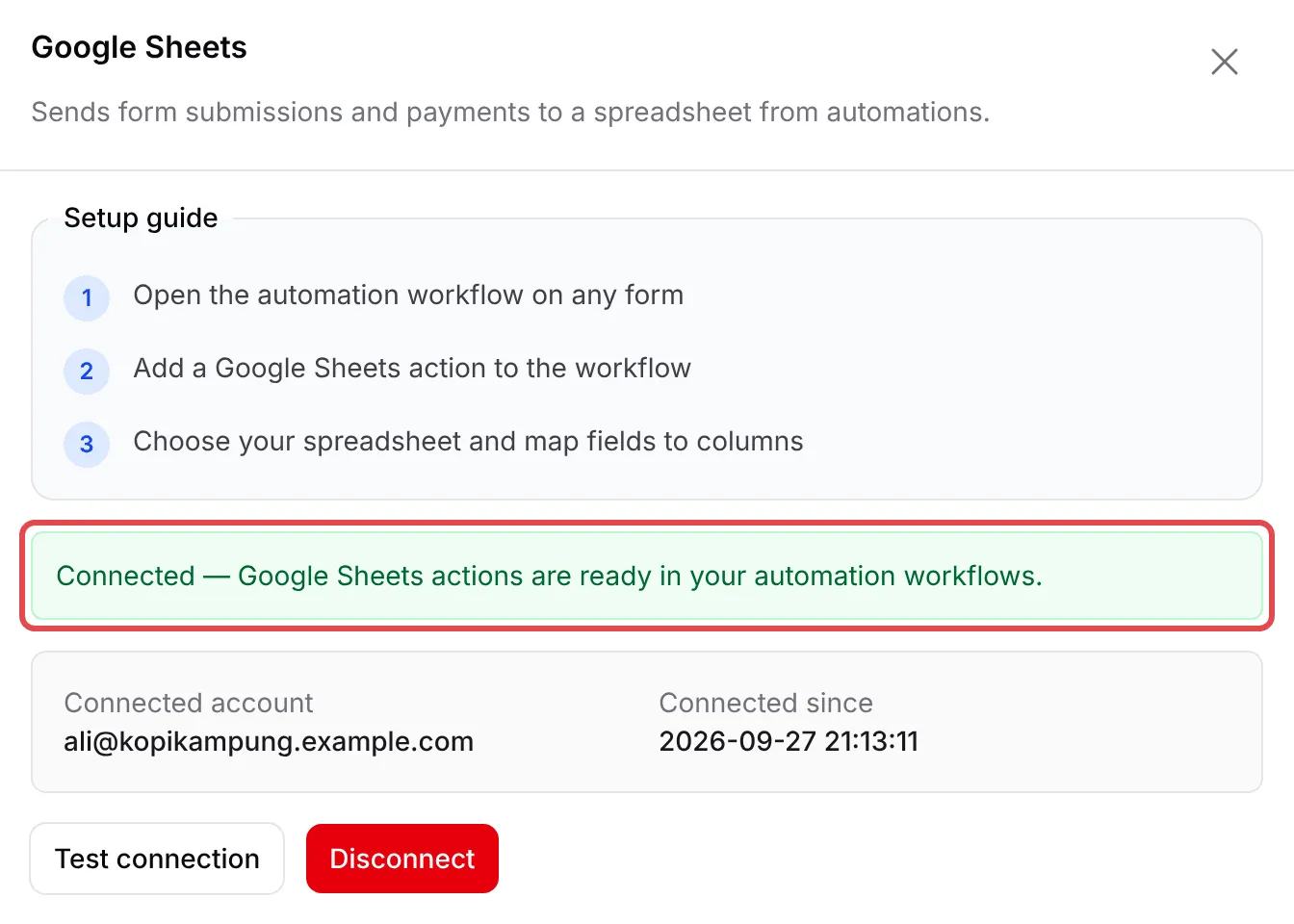 The Google Sheets panel showing that Google Sheets is connected, with the connected account