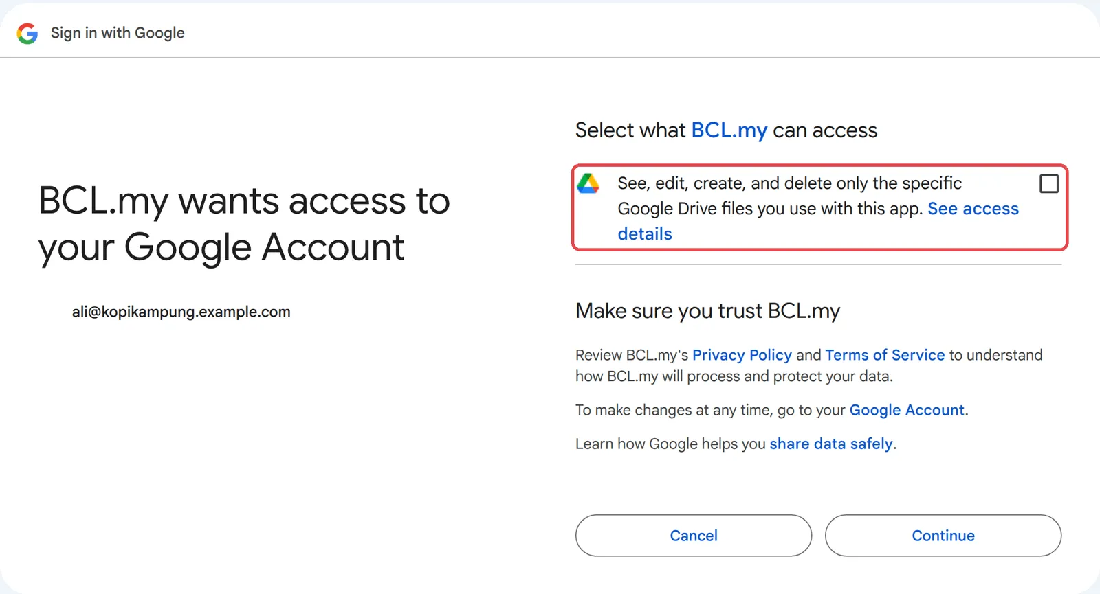Google’s consent screen with the Drive files permission highlighted
