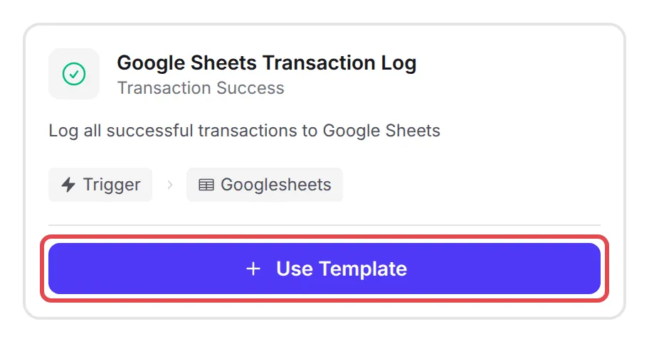 The Google Sheets Transaction Log template with Use Template highlighted