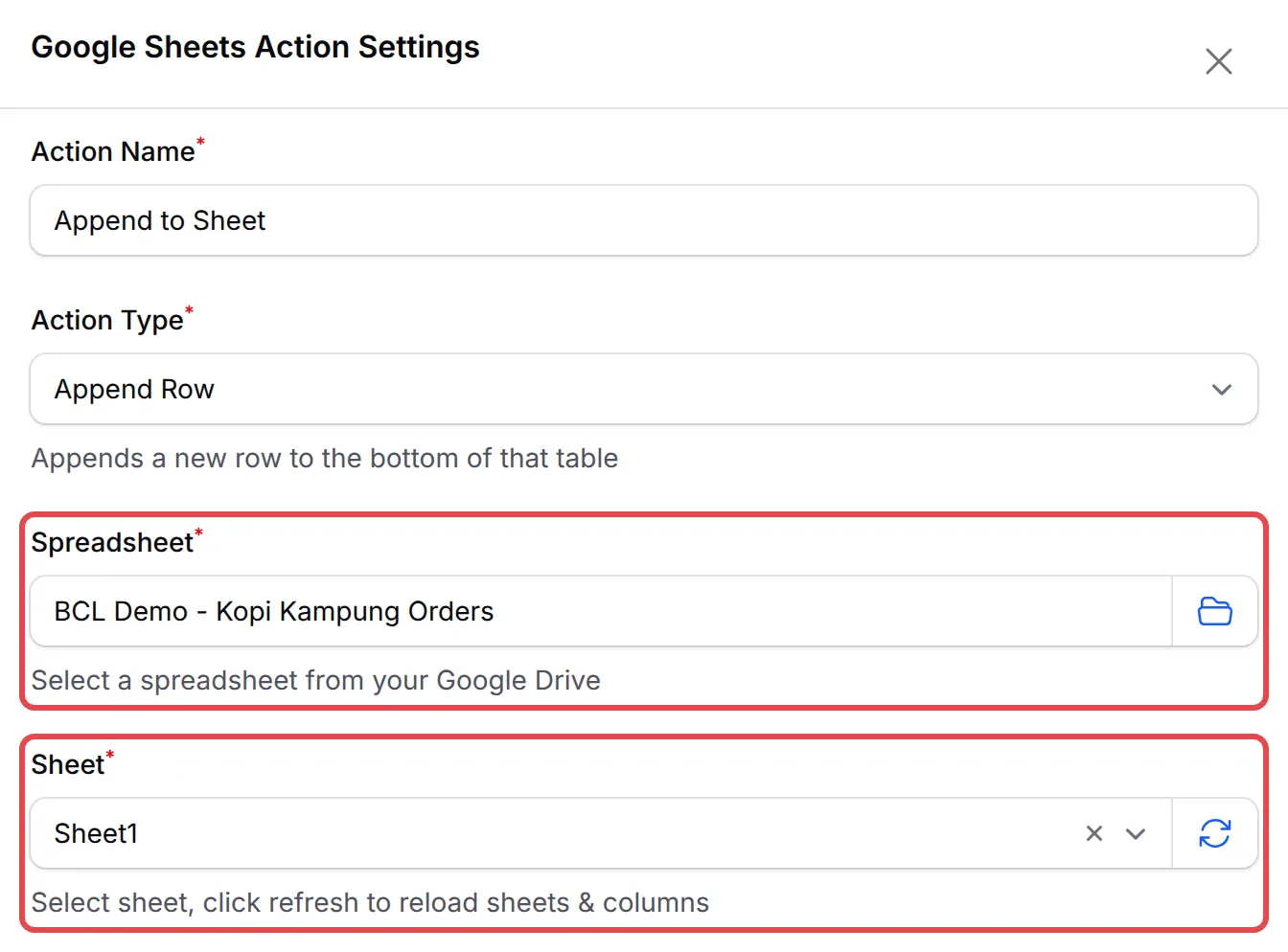 The Google Sheets Action Settings with the Spreadsheet and Sheet fields highlighted