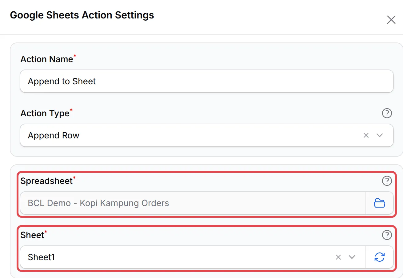 The Google Sheets Action Settings with the Spreadsheet and Sheet fields highlighted