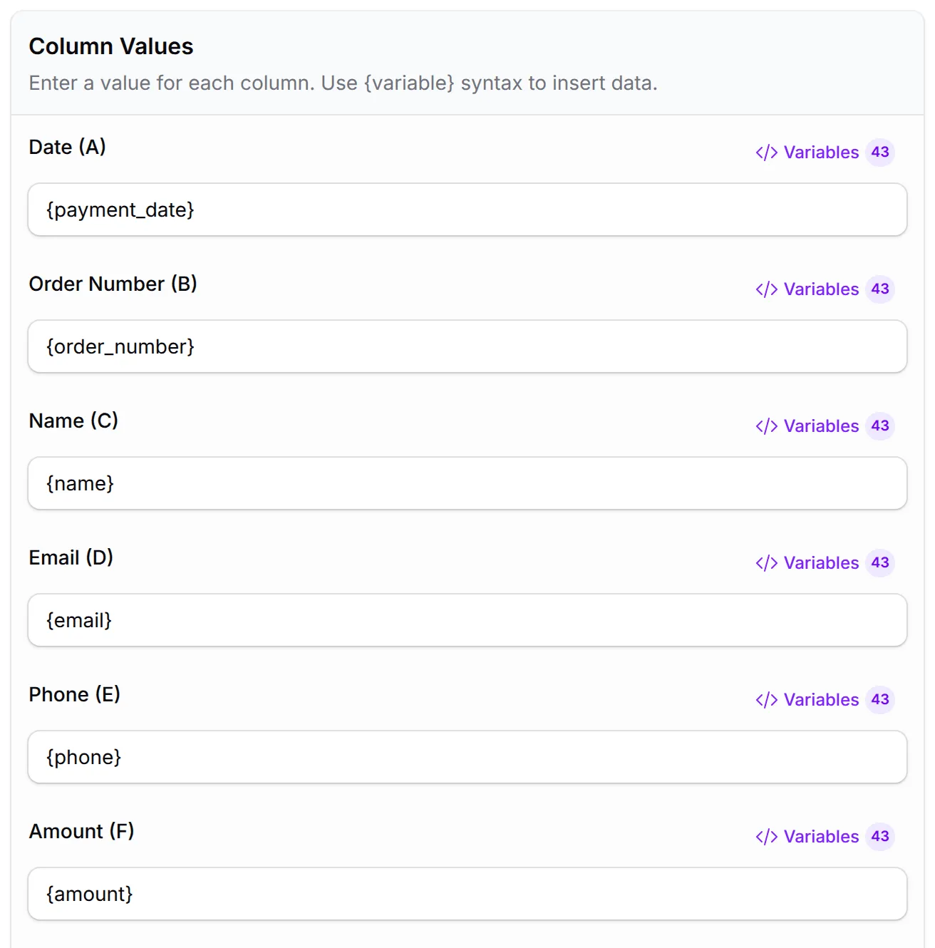 The Column Values section with a variable for each column