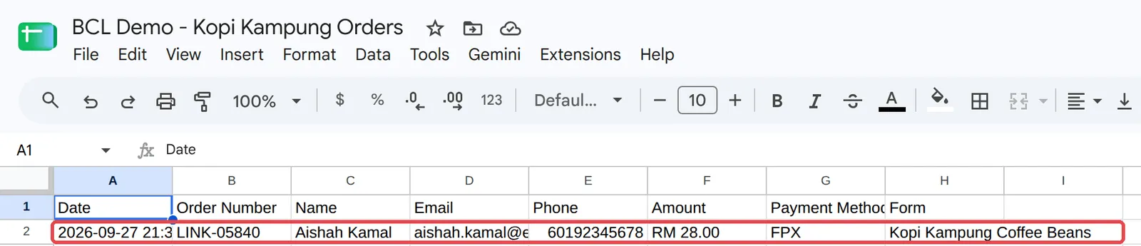 The spreadsheet with a new row for a Kopi Kampung Coffee Beans order