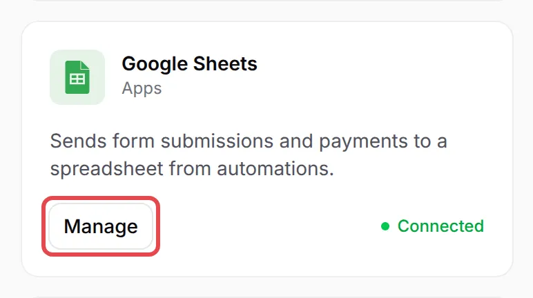 The Google Sheets card on the Integrations page with its button highlighted