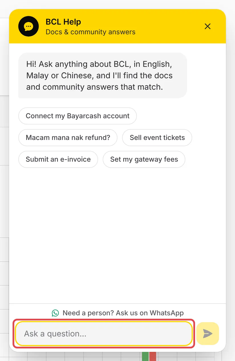The BCL Help panel with suggested questions and the Ask a question box highlighted