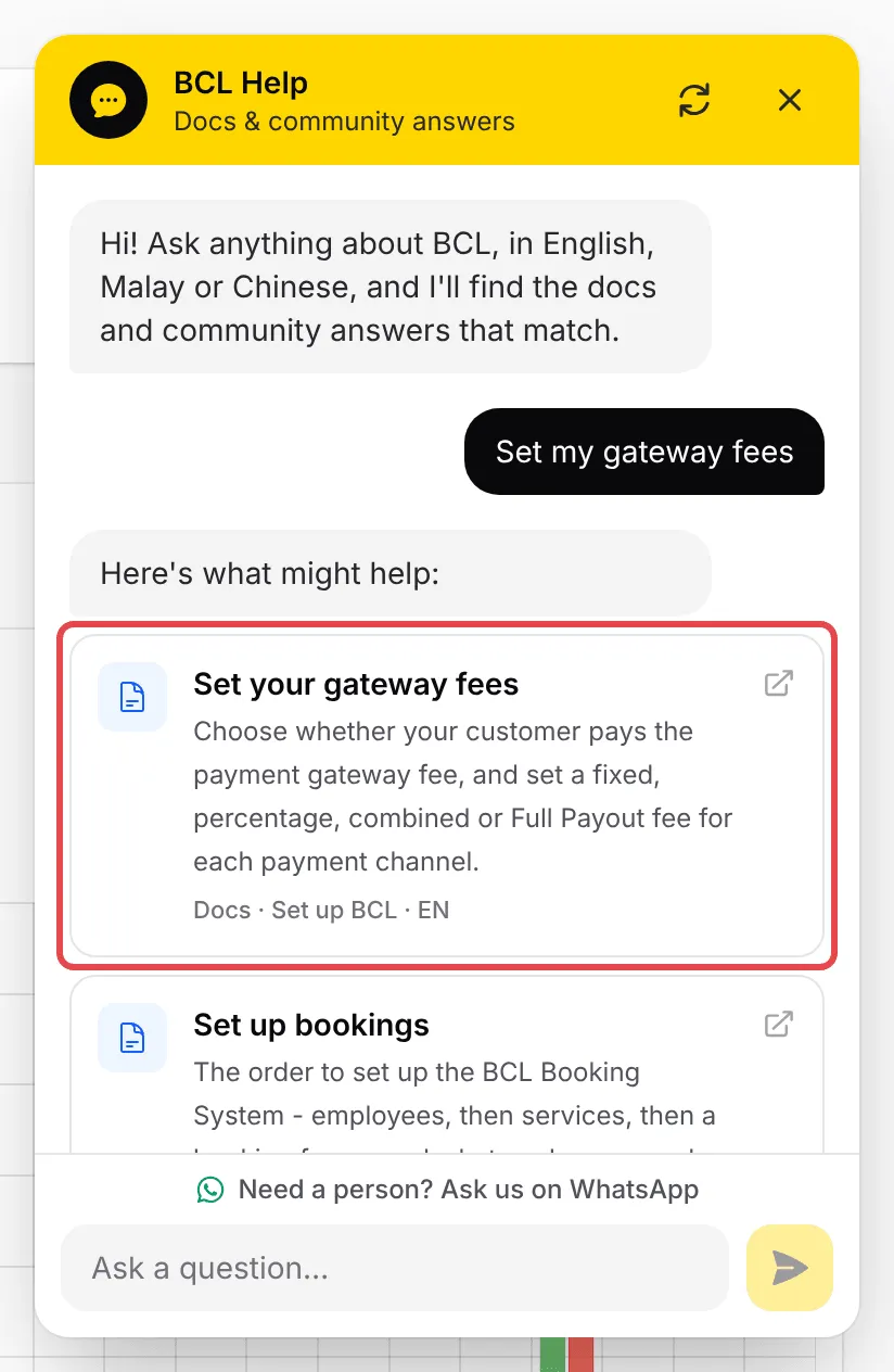 An answer card for the Set your gateway fees guide highlighted under the question