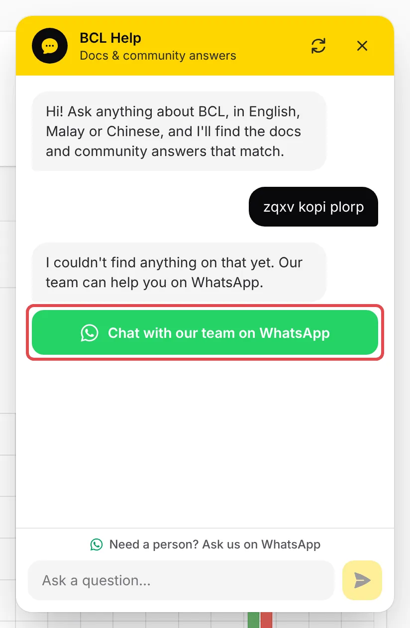 The Chat with our team on WhatsApp button highlighted under a question with no answers