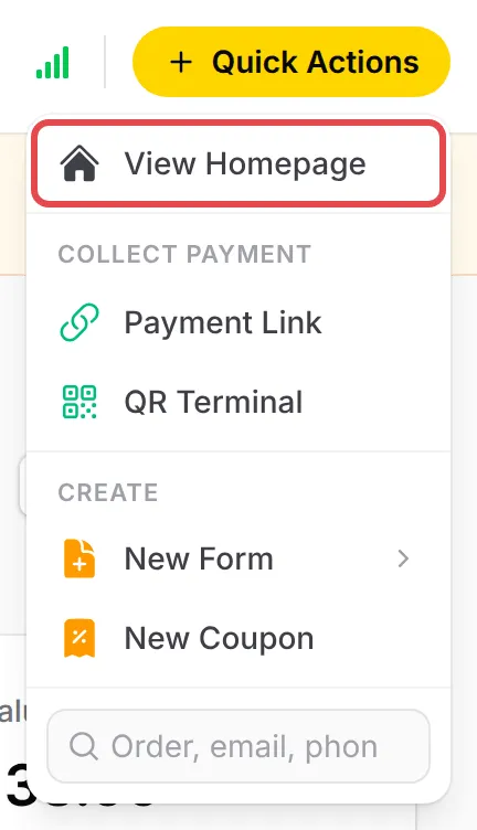 Menu Quick Actions dengan View Homepage ditanda