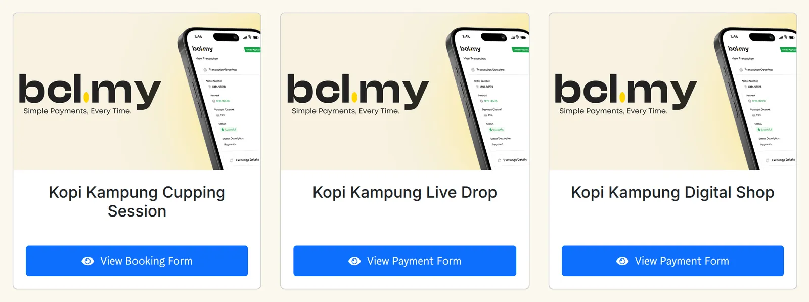 显示表单卡片的BCL主页，每张卡片都有View Payment Form按钮