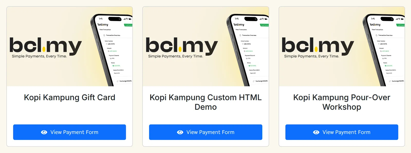 Homepage BCL yang memaparkan kad form, setiap satu dengan butang View Payment Form
