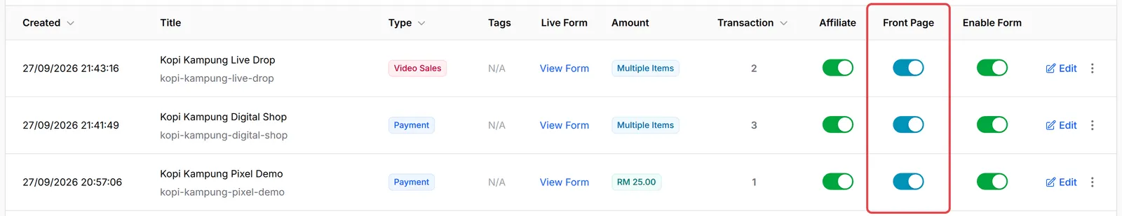 表单列表，已标示Front Page开关栏