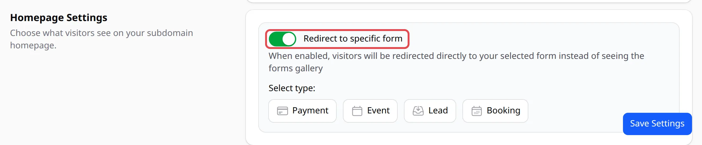 Bahagian Homepage Settings dengan suis Redirect to specific form ditanda dan pilihan Select type dipaparkan