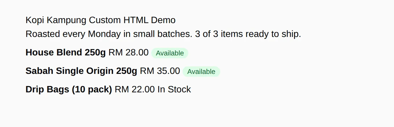 Payment form Custom HTML yang live memaparkan nama item, harga dan badge status daripada shortcode