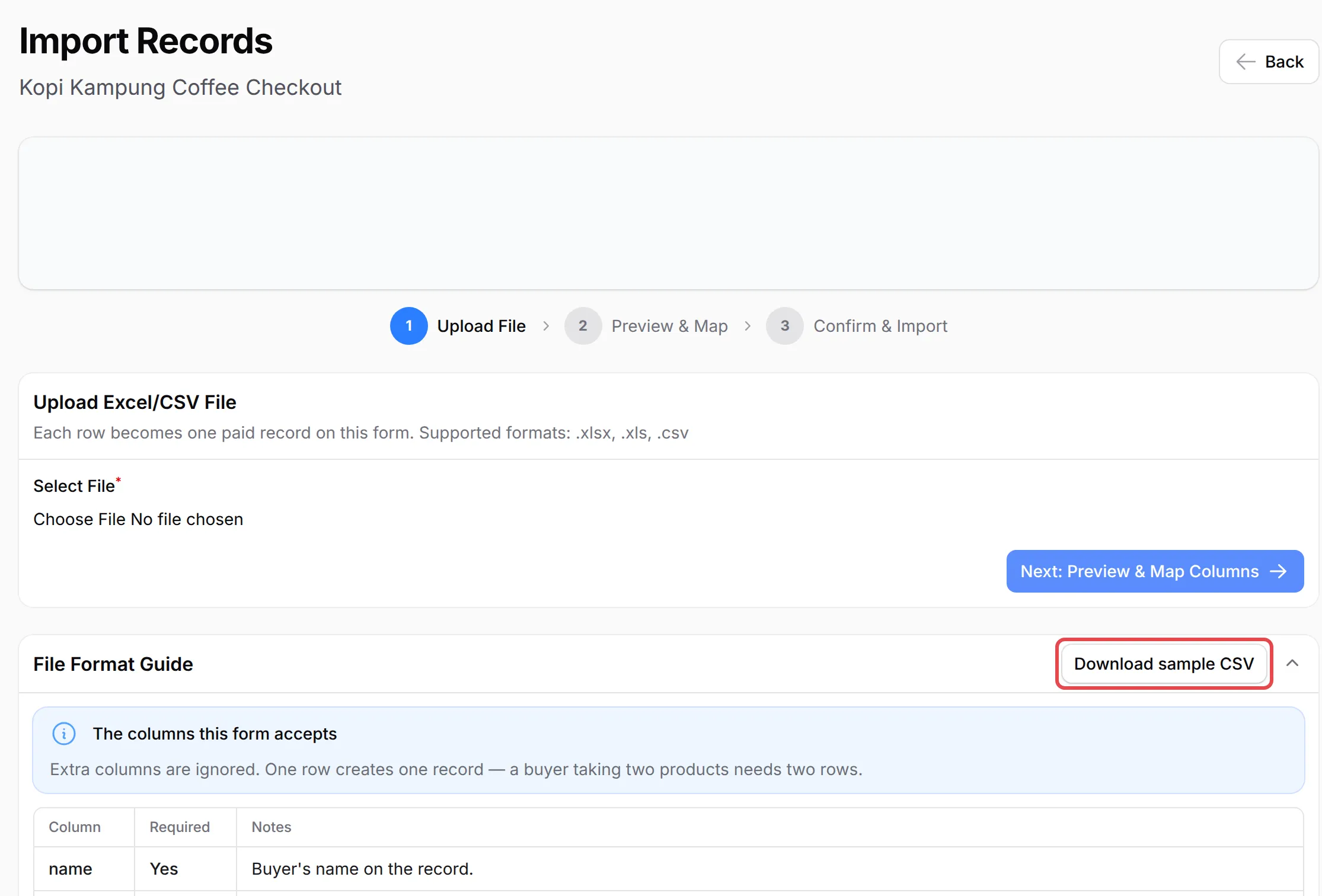 The Import Records page at the Upload File step, with the File Format Guide open and Download sample CSV highlighted