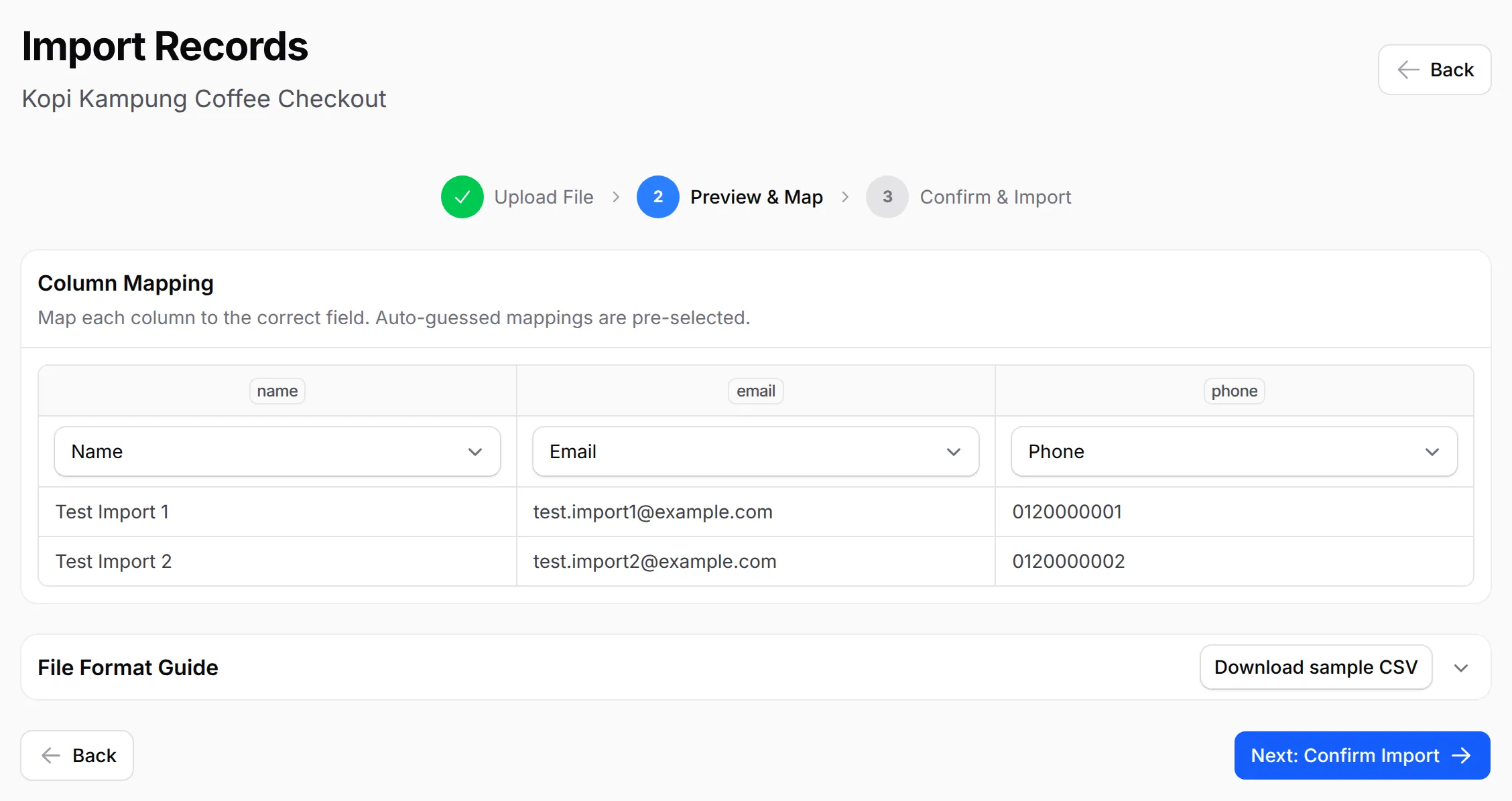 The Preview & Map step with the name, email and phone columns matched to Name, Email and Phone, and two sample rows
