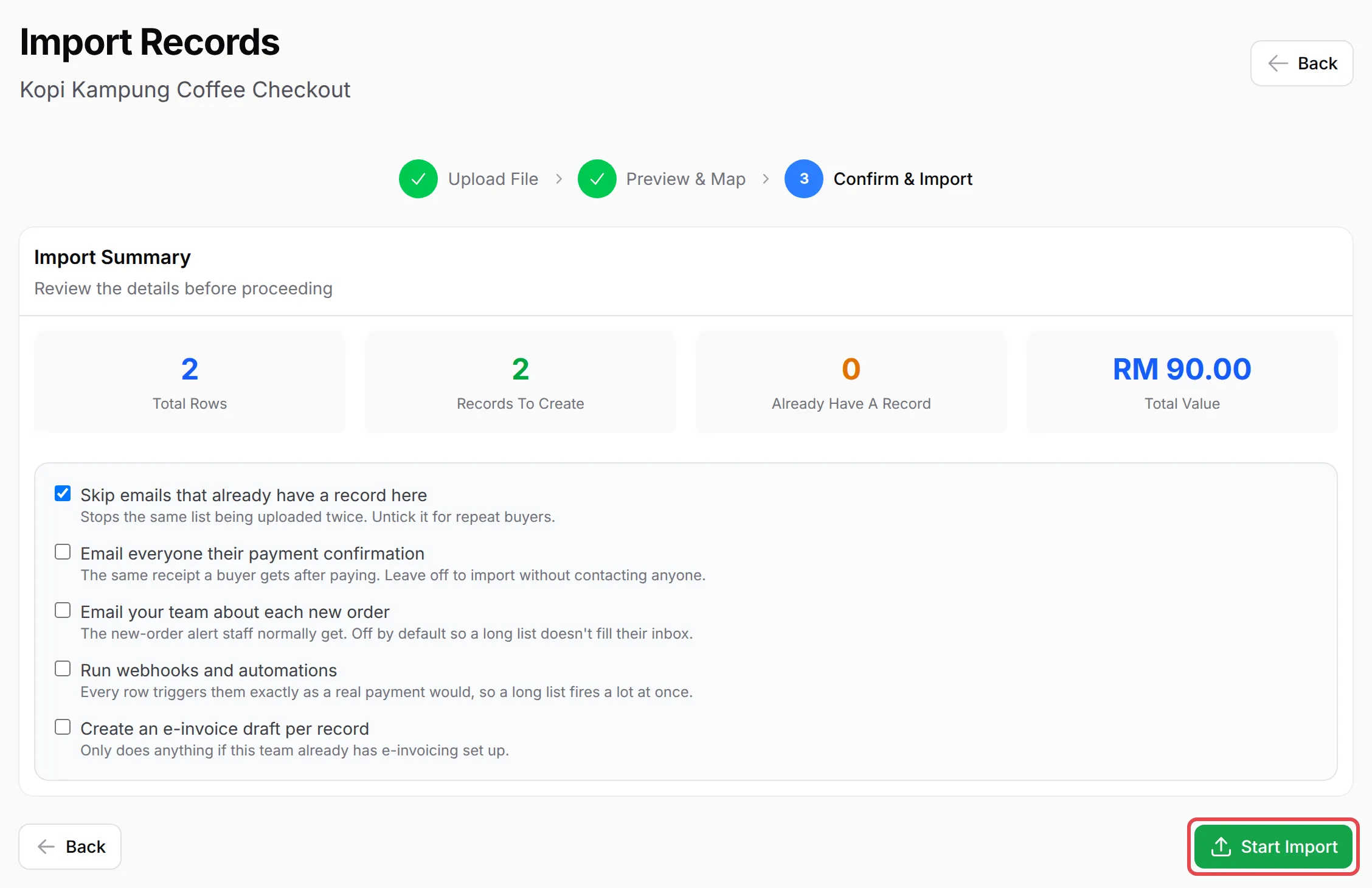 The Confirm & Import step with the Import Summary, the options, and the Start Import button highlighted