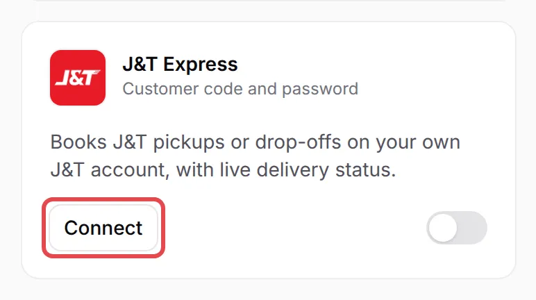 The J&T Express card on the Courier Integration page with Connect highlighted