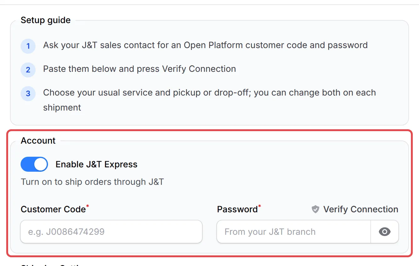 The Account box with Enable J&T Express on, Customer Code and Password