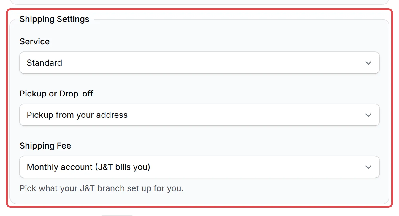 Shipping Settings with Service, Pickup or Drop-off and Shipping Fee