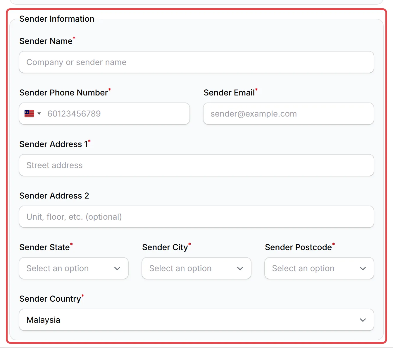 The Sender Information box in the J&T Express panel: Sender Name, Sender Phone Number, Sender Email, the address fields and Sender Country