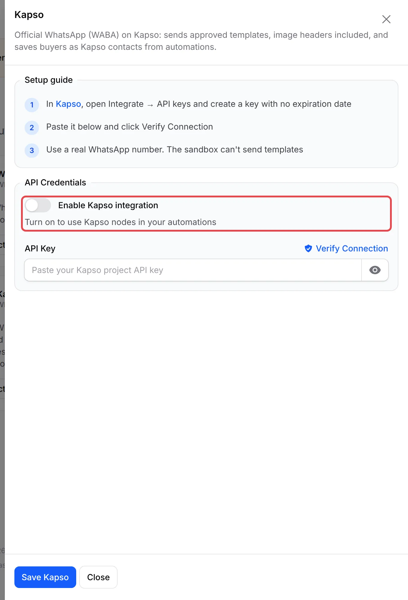 The Kapso panel with Enable Kapso integration highlighted