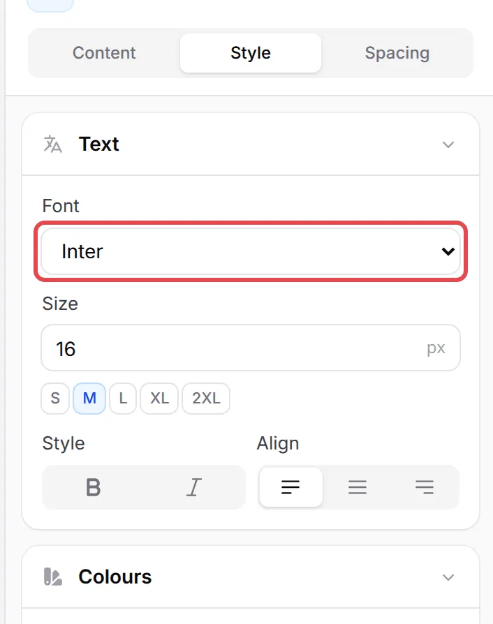 The Style tab of a Text block with the Font list highlighted