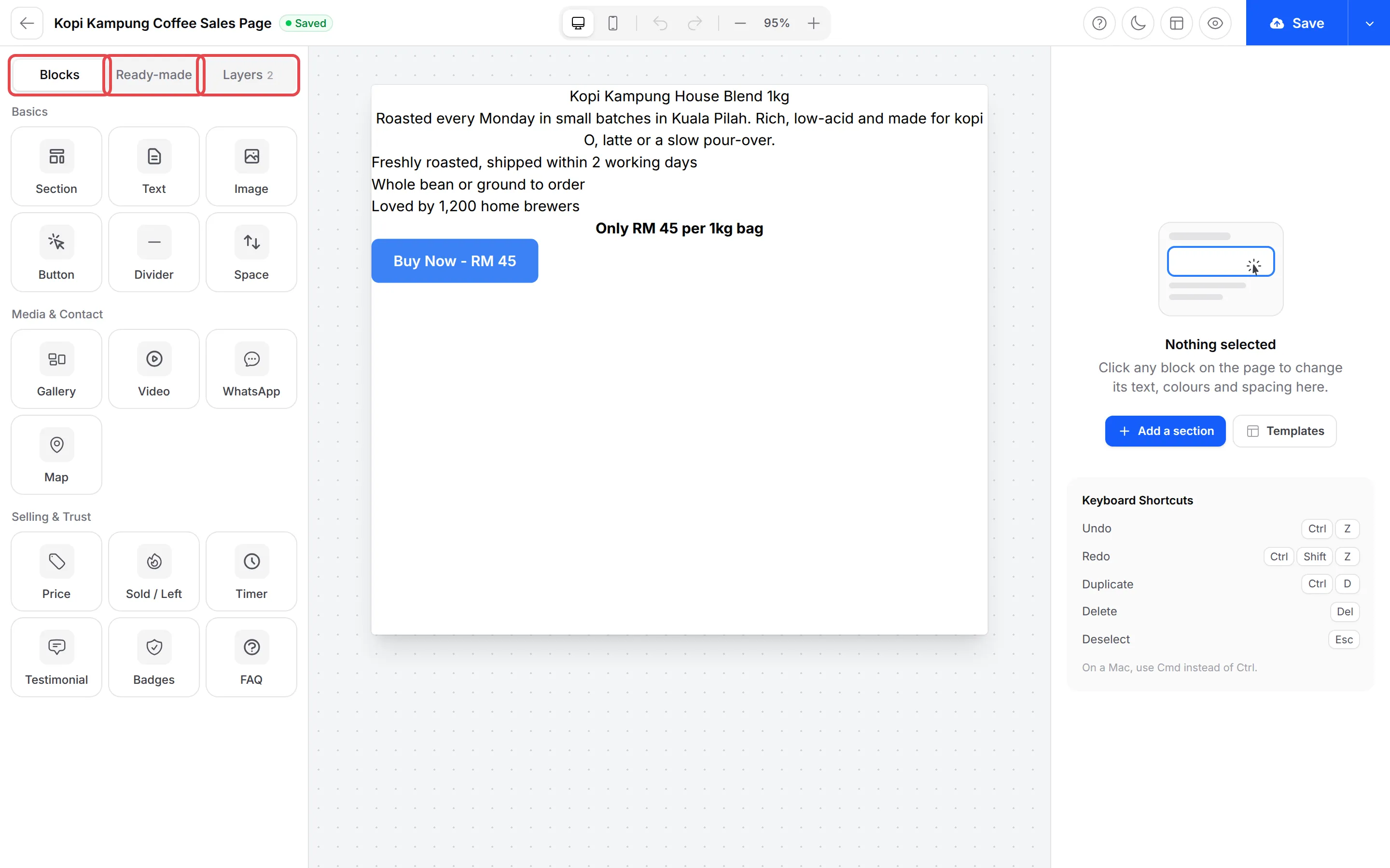 The landing page builder with the Blocks, Ready-made and Layers tabs highlighted