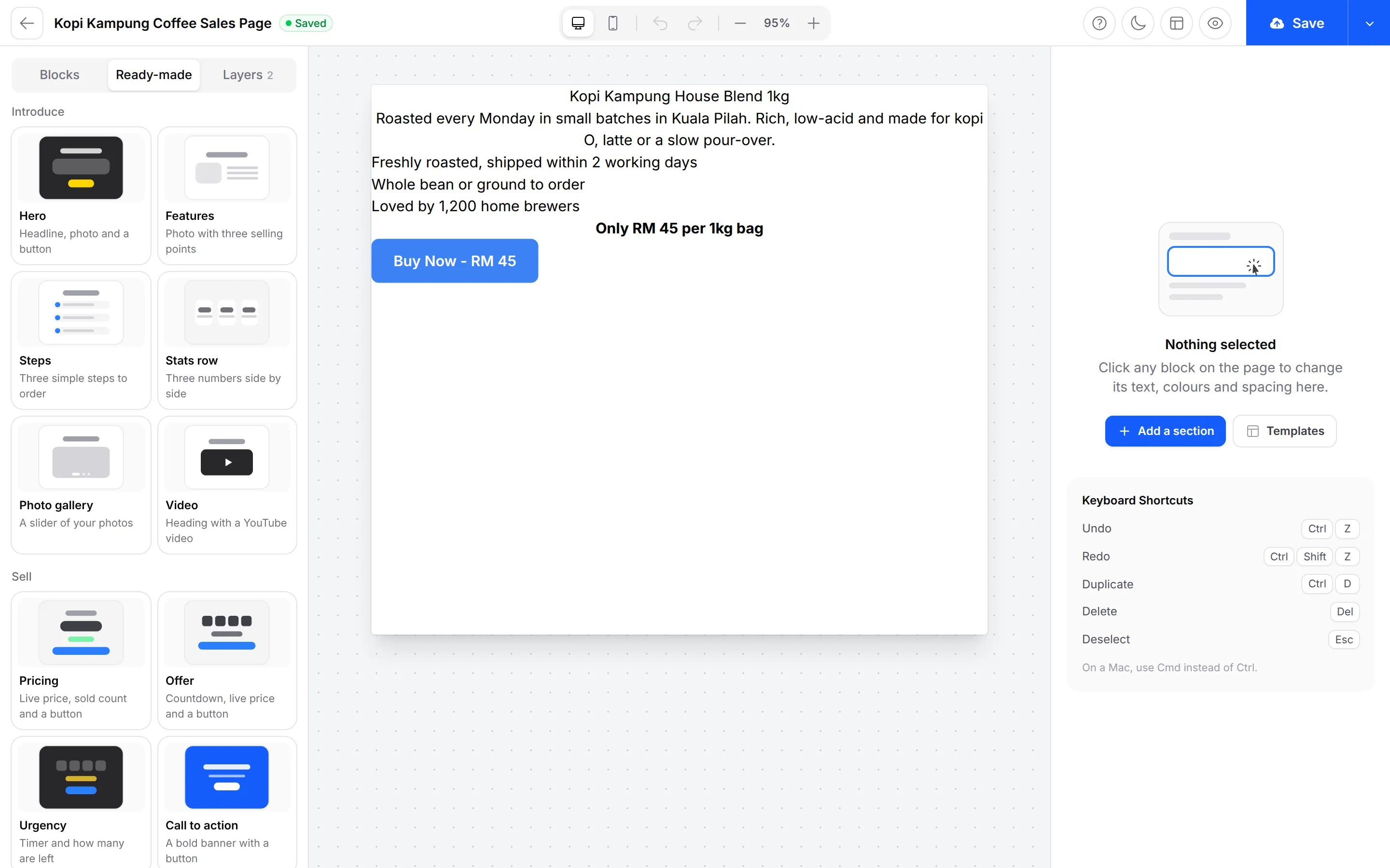 The Ready-made tab with the Introduce and Sell sections