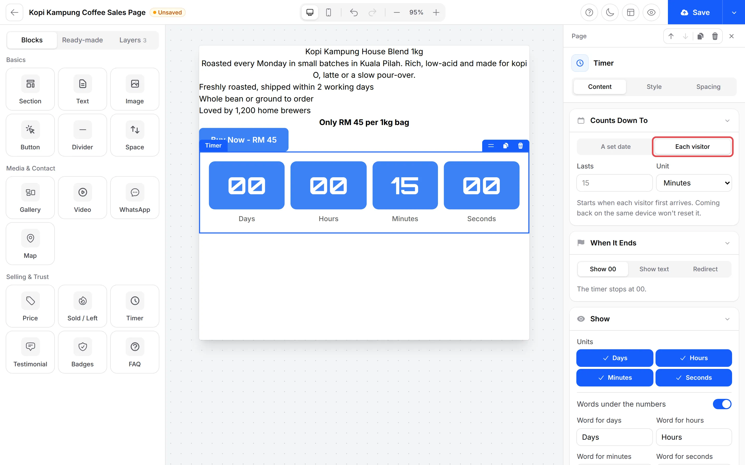 The Timer block settings with Counts Down To set to Each visitor