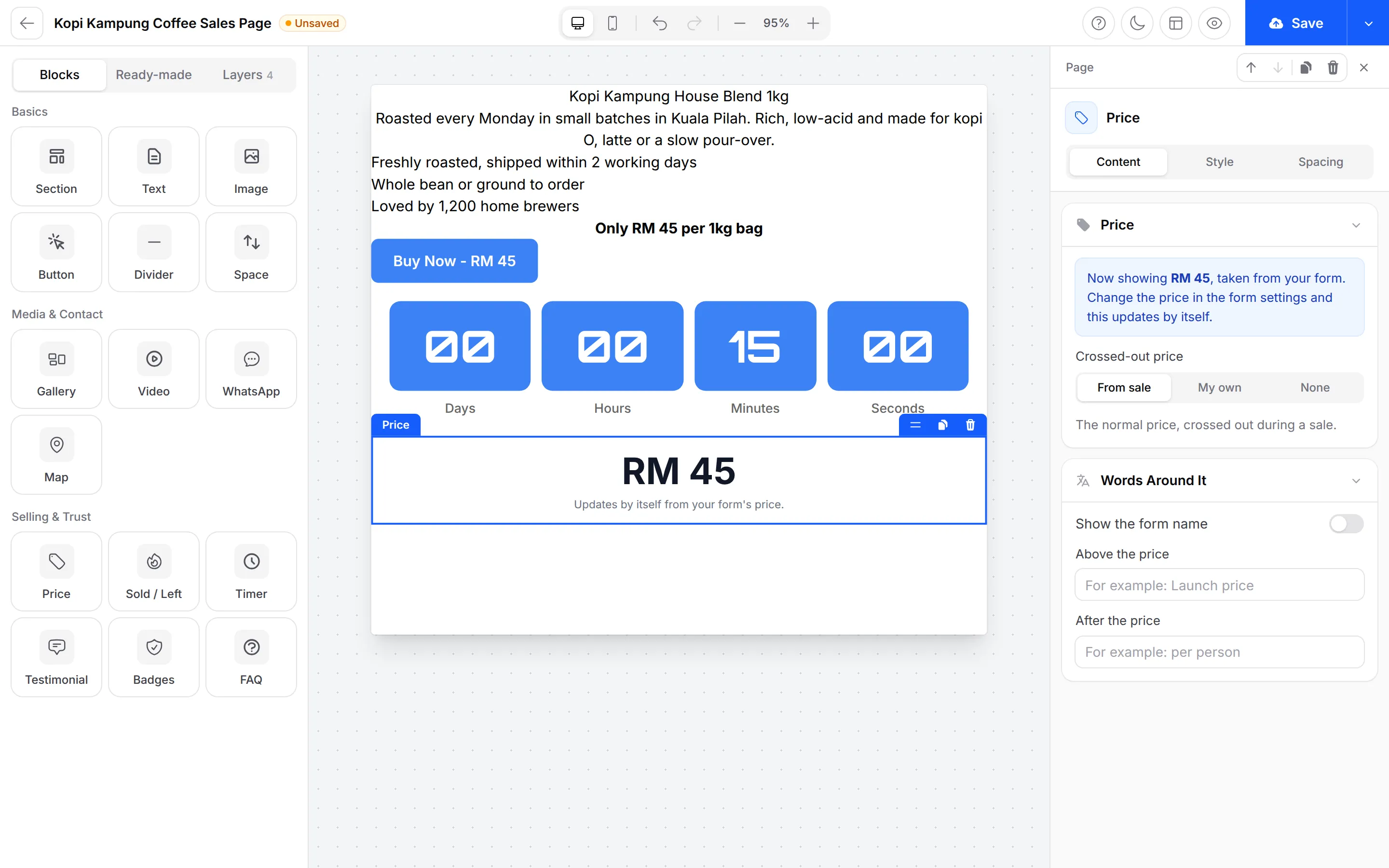 The Price block settings, with the price taken from the form