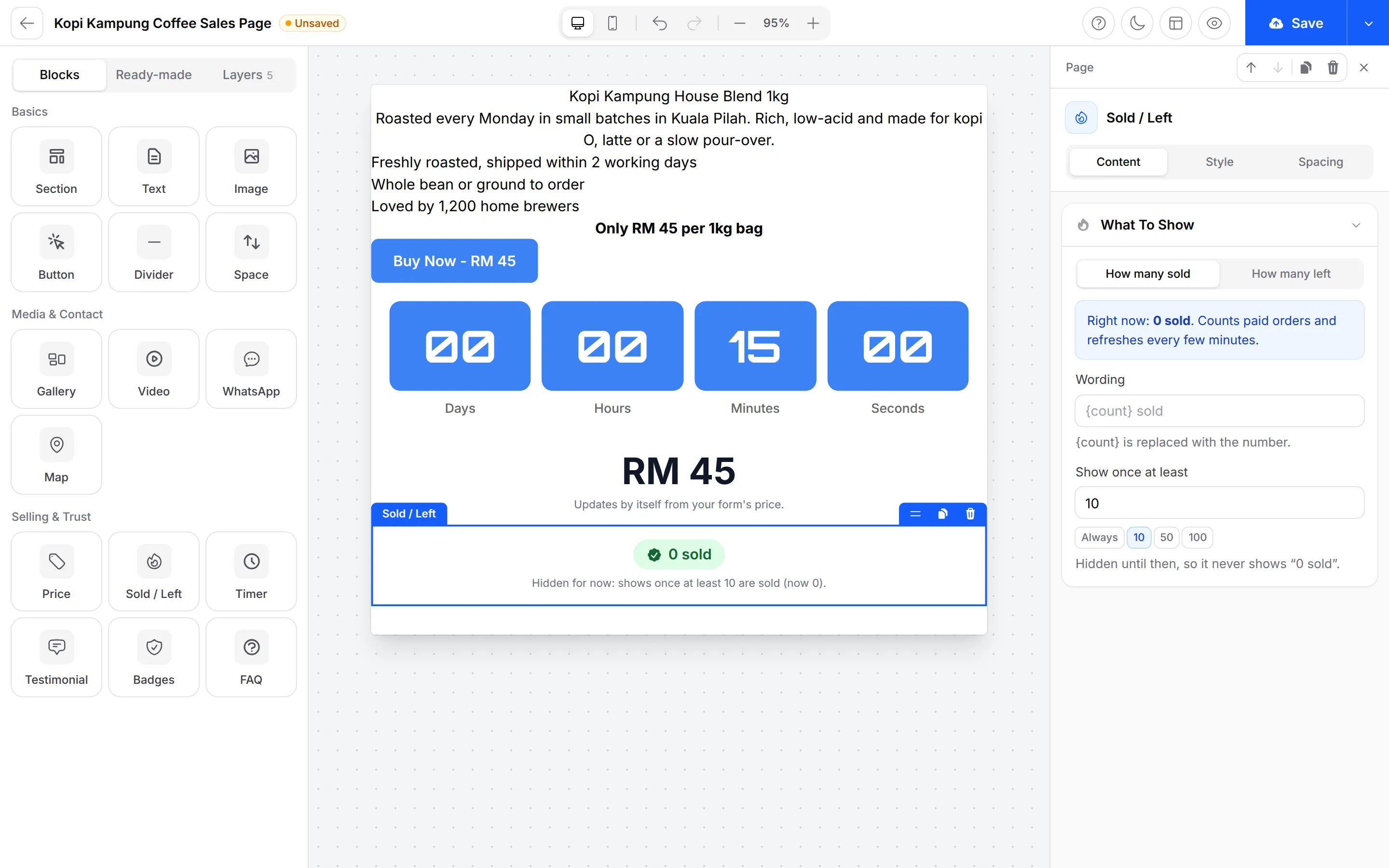 The Sold / Left block settings with How many sold, Wording and Show once at least