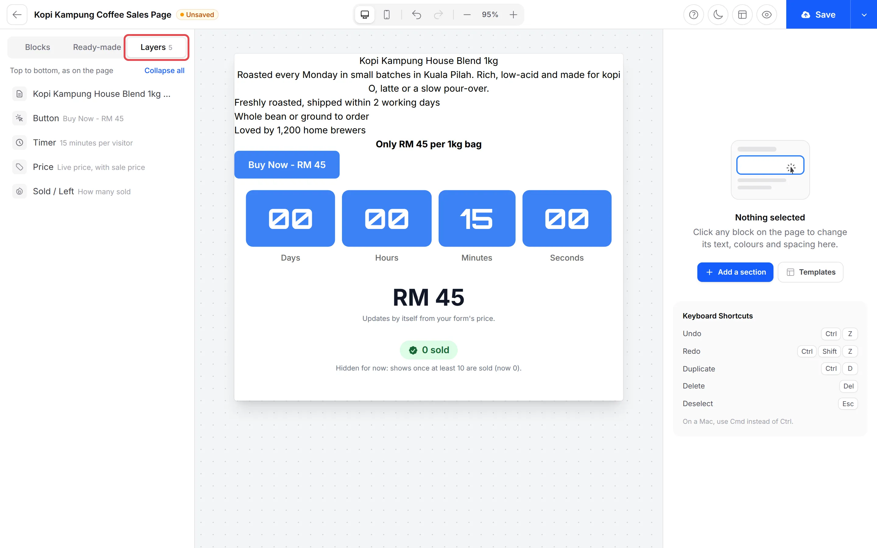 The Layers tab listing the blocks on the page