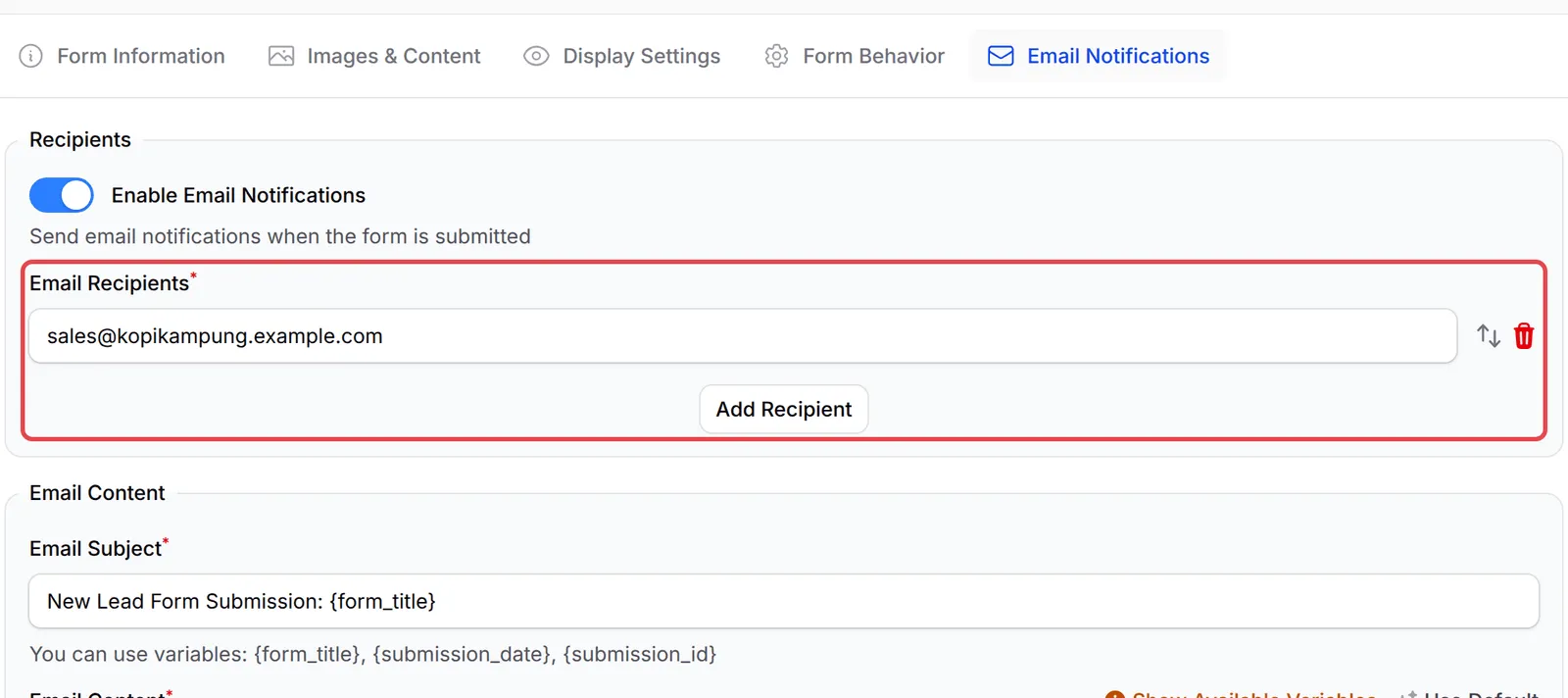 The Email Notifications tab with the Email Recipients list highlighted