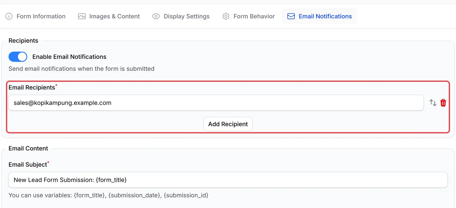 Email Notifications标签页，Email Recipients列表已标示